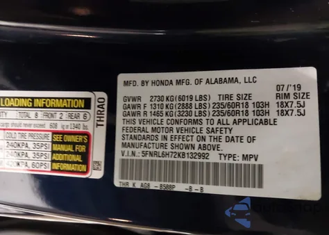 2019 Honda Odyssey Ex-L from USA, damaged, VIN 5FNRL6H72KB132992